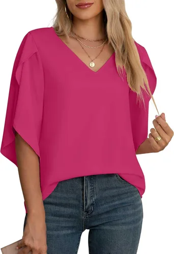 Vista 39 de Blusas de gasa con mangas 3/4 arrugadas de otoño para mujer de Jouica 01amy Verde