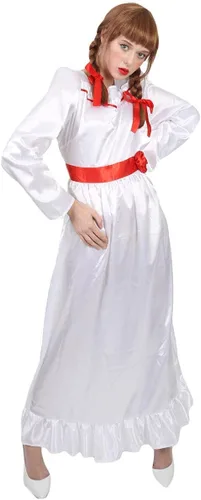 Vista 5 de HPO Disfraz de muñeca malvada para mujer, vestido largo con sensación de satén, color blanco (M)