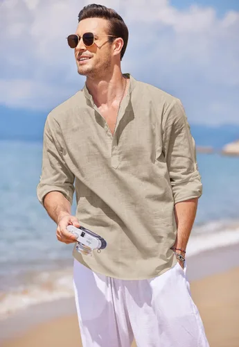Vista 5 de COOFANDY - Camisa de lino y algodón con cuello Henley, de manga larga, estilo hippie, informal, camisetas de playa