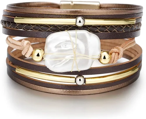 Vista 3 de Fesciory - Pulsera de leopardo para mujer, estilo bohemio de cuero multicapa con perlas de cristal