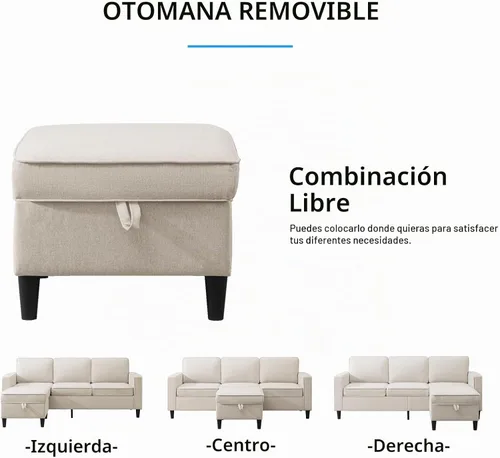 Vista 3 de PUREMIND Juego de sofá de 2 piezas, moderno juego de sofá y silla en forma de L de lino con otomana de almacenamiento y bolsillo lateral, sofás