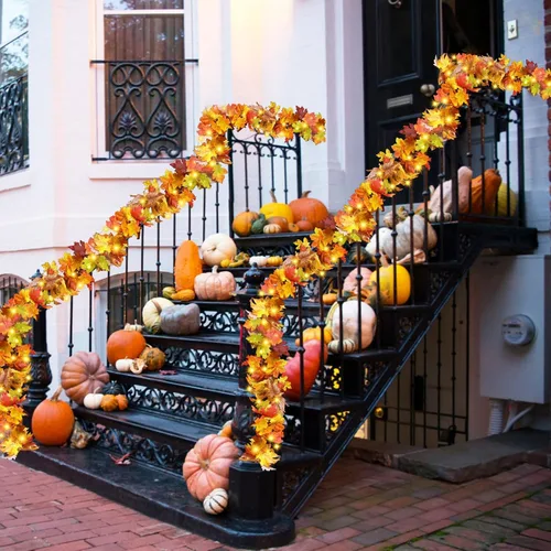 Vista 7 de 2 guirnaldas de otoño con luz, decoración de hojas de otoño, 40 luces LED, guirnalda de hojas artificiales de otoño, guirnalda de otoño, decoración