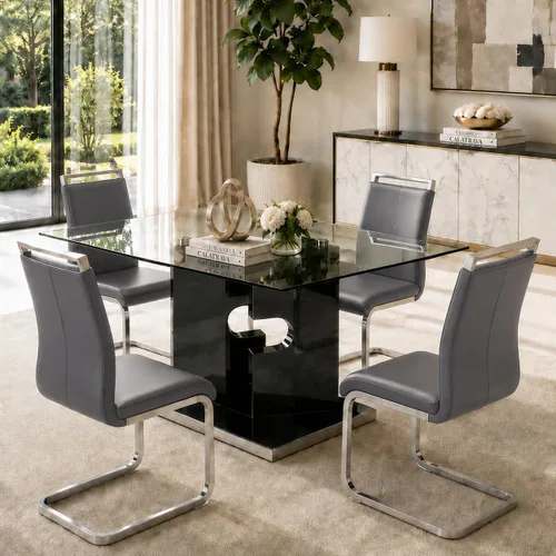 Vista 8 de Ebullient Juego de mesa de comedor de cristal de 63 pulgadas para 6, mesa de comedor de vidrio negro y base de MDF, mesa de cocina rectangular Mesa