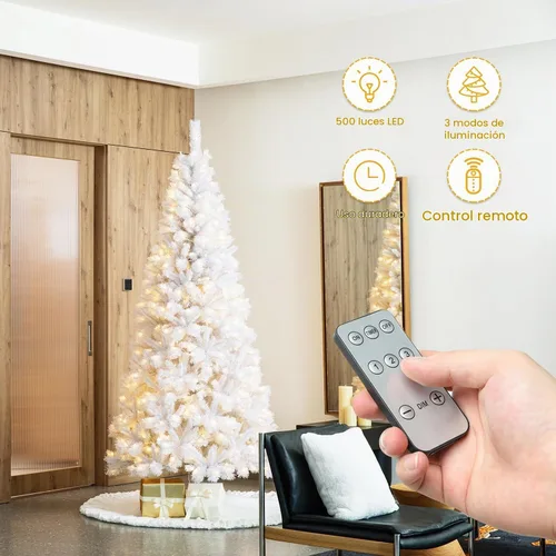 Vista 2 de Glitzhome - Árbol de Navidad artificial delgado preiluminado de 2.4 m, con ramas de pino Aspen Frostfall, soporte plegable de metal, 500 luces Aspen