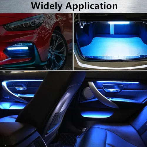 Vista 4 de Luces interiores LED DC 12V luz ambiental para asiento de coche, tira de luz LED DRL tira de luz diurna para coche, luces de atmósfera azul Icyblue