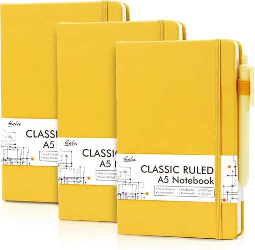 Vista 28 de feela Paquete de 3 Cuadernos Diarios a Granel, Cuaderno de Tapa Dura Clásico con Rayas Rayado Diarios con Soporte para Bolígrafo para Mujeres Niñas