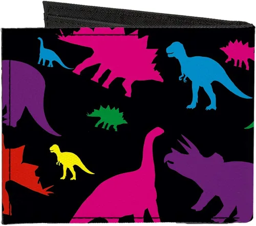 Vista 2 de Dinosaurio - Cartera plegable de lona, diseño de silueta de dinosaurio, color negro