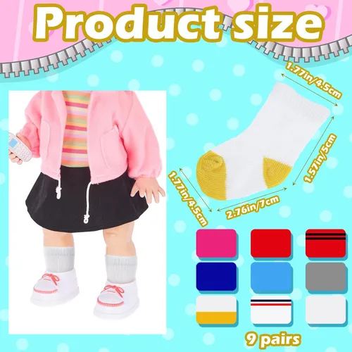Vista 3 de Zhanmai 9 pares de mini calcetines de muñeca accesorios para muñecas estadounidenses de 18 pulgadas, ropa para accesorios multicolor (simple)