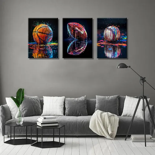 Vista 3 de 3 piezas de arte de pared en lienzo deportivo de graffiti para habitación de niños, rústico, fútbol, béisbol, fútbol americano, rugby, decoración