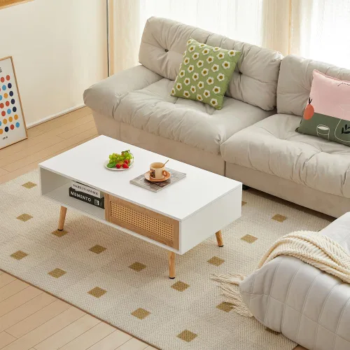Vista 3 de Mesa de centro de ratán de 41.34 pulgadas, puerta corrediza para almacenamiento, patas de madera maciza, mesa moderna para sala de estar, utilizada