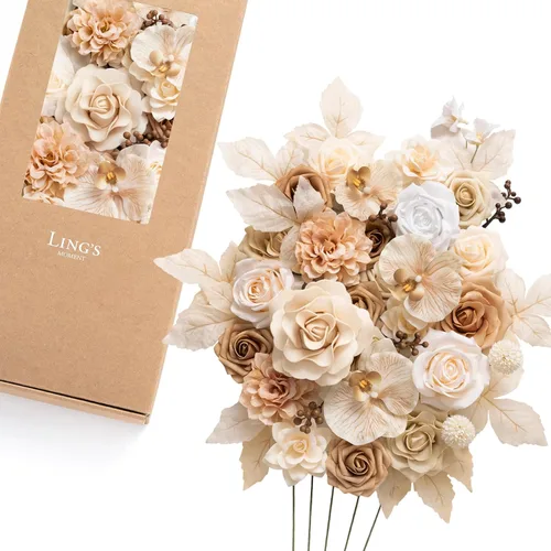 Vista 17 de Ling's moment Caja de Flores Falsas, Tallos de Vegetación Artificial Falsa Rosas de Espuma Dalia Hortensia de Seda Peonía Flor de Tela para Centros