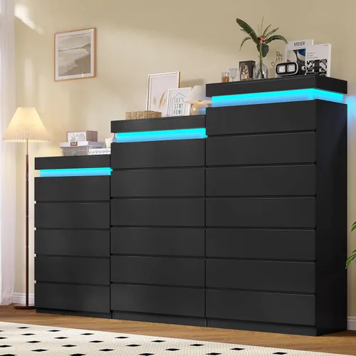 Vista 6 de HAUOMS Cómoda alta de 6 cajones con luz LED, cómoda moderna negra para dormitorio, armarios con cajones para sala de estar, entrada, pasillo