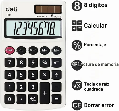 Vista 3 de Calculadora, Calculadoras Básicas de Función Estándar Deli, Calculadora de Oficina de Energía Dual Solar y Batería con Cubierta, Panel de Metal