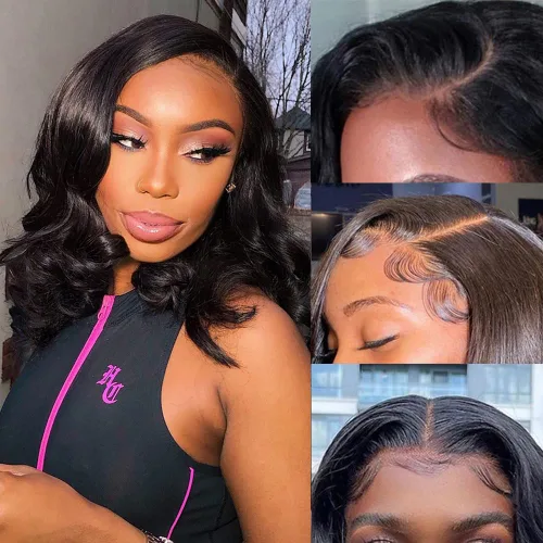Vista 10 de Peluca Bob de Cabello Humano 4x4 Pelucas de Encaje Frontal sin Pegamento Cabello Humano Pre Arrancado Bob Corto Body Wave Pelucas de Cierre