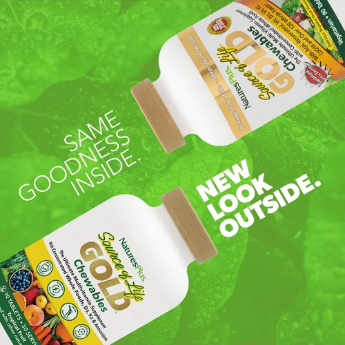 Vista 2 de NaturesPlus Source of Life GOLD Chewables - 90 tabletas vegetarianas - Sabor a frutas tropicales - Suplemento multivitamínico integral - Sin gluten