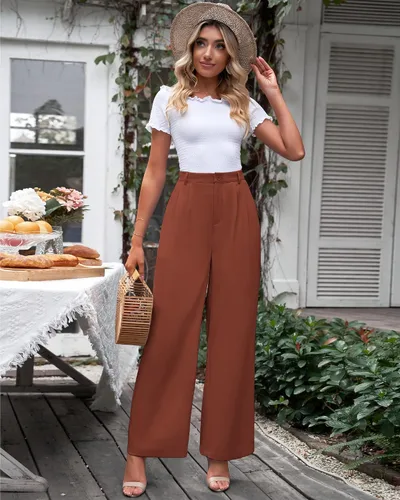 Vista 7 de GRAPENT Pantalones de pierna ancha para mujer, para trabajo, negocios, casual, de cintura alta, pantalones de vestir fluidos para la oficina