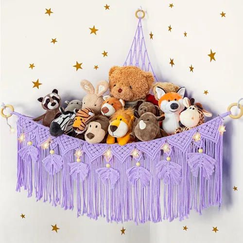 Vista 8 de ANROYE Hamaca de Red de Juguetes de Animales de Peluche de Macramé con Luz de Estrella, Almacenamiento Boho de Peluches Pequeños para Guardería