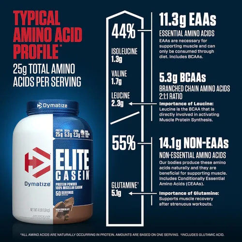 Vista 8 de Dymatize Elite - Proteína en polvo de caseína, chocolate, 100% caseína micelar, 25g de proteína, 5.4g de BCAA, 2.3g de leucina, absorción lenta