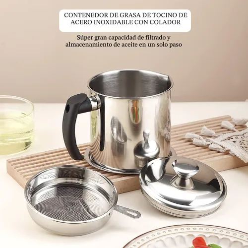 Vista 3 de Kyraton Contenedor de Grasa de Tocino con Colador, Recipiente de Aceite de Acero Inoxidable de 48 oz, Recipiente de Grasa de Olla con Tapa, Mango