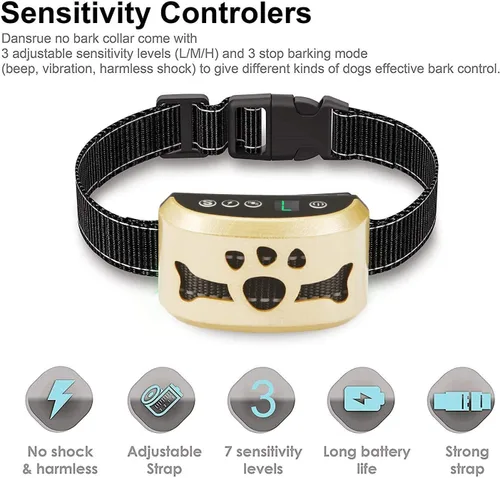 Vista 2 de Collar antiladridos para perro, 7 niveles ajustables de sensibilidad e intensidad, doble modo antiladridos recargable, impermeable, reflectante, sin