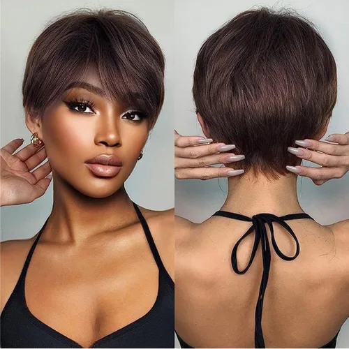 Vista 17 de Pelucas Honey Blonde sin pegamento para usar y quitar, pelucas de cabello humano cortas con corte Pixie para mujeres, peluca de cabello humano corta