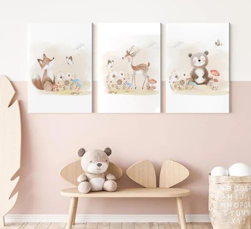 Vista 3 de MIZILI Lienzo de animales del bosque para cuarto de bebé, arte de pared, pinturas de animales salvajes, acuarela, decoración de pared, oso zorro