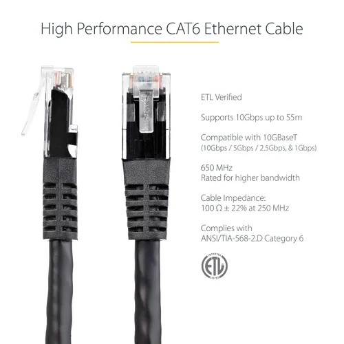 Vista 2 de StarTech. com Cable Ethernet CAT6 de 1 pie – Cable Ethernet CAT 6 Gigabit negro -650MHz 100W PoE++ RJ45 UTP moldeado Categoría 6 Network/Patch Cord
