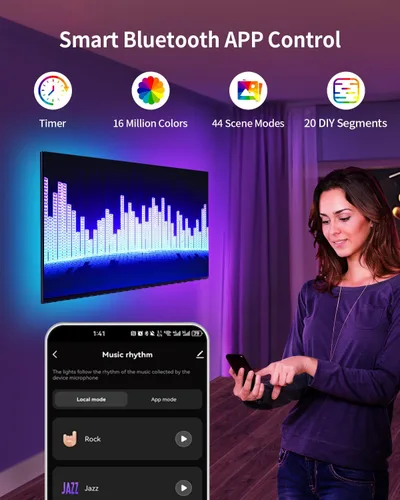 Vista 7 de Tira de luces LED RGB+IC, luz LED Bluetooth inteligente para dormitorio, tiras LED que cambian de color con 44 modos de escena (6.6 pies)