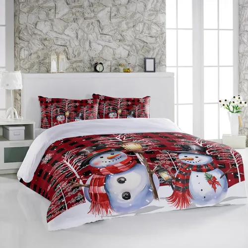 Vista 3 de Juego de ropa de cama de 3 piezas, diseño de muñeco de nieve de Navidad, copos de nieve, ramas, funda de edredón transpirable, fundas de almohada