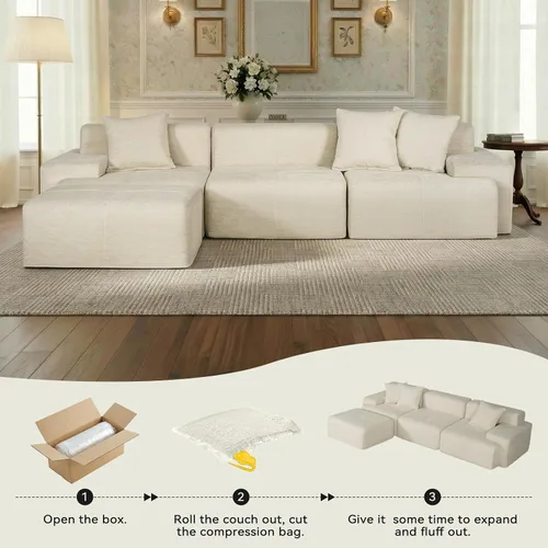 Vista 3 de Sofá modular modular en forma de L de 3 plazas con otomana móvil, tapicería de chenilla, estructura de espuma completa, sofá convertible sin hueso