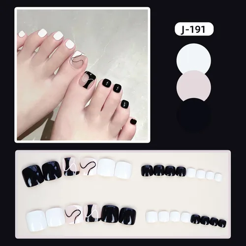 Vista 2 de Uñas postizas a presión con diseños de líneas, uñas postizas artificiales negras y blancas para los dedos, uñas postizas acrílicas brillantes