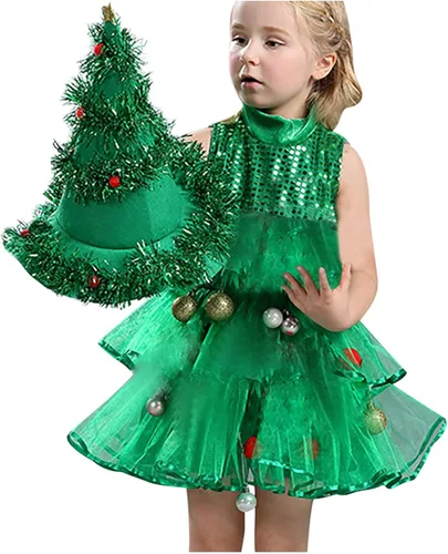 Vista 2 de Gamivast Kids Girls Christmas Tree Costume Ruffle Layered Dress Cute Cosplay Costumes Xmas Dress + Hat 2 Piece Outfit Sets