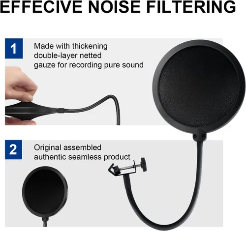 Vista 5 de Suuntok - Filtro de pop para micrófono para Blue Yeti y otros micrófonos, pantalla de viento de doble capa con clip de cuello de ganso flexible