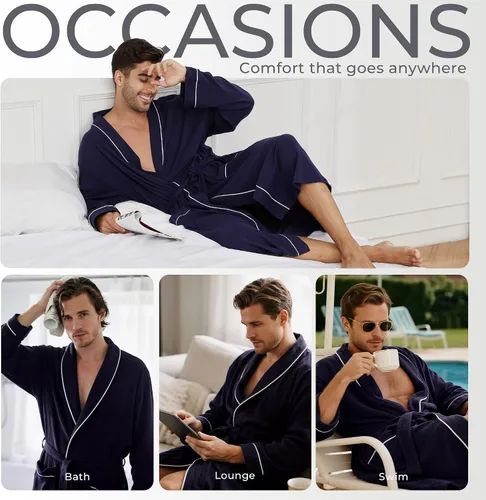 Vista 4 de U2SKIIN Mens 100% Cotton Robe Lightweight Knit Bathrobe A-Azul marino