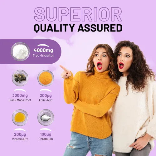 Vista 4 de Complejo de mio-inositol 120 tabletas veganas de 7000 mg por porción con raíz de maca negra, cromo, ácido fólico y vitamina B12 Balance hormonal