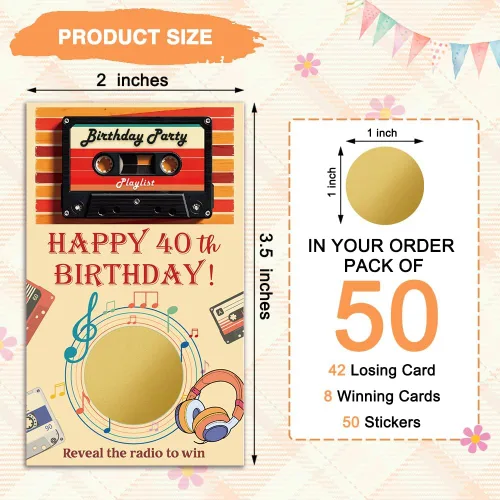 Vista 2 de Haizct 50 tarjetas rascadoras de feliz cumpleaños 40, juego retro para raspar de radio para amantes de la música, suministros de fiesta de regreso a