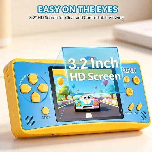 Vista 2 de JJFUN Consola de juegos portátil para niños: pantalla de 3.2 pulgadas, 168 juegos clásicos integrados, Plug & Play en la televisión, recargable,