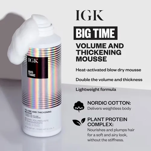 Vista 3 de IGK BIG TIME - Mousse de volumen y espesante Moveable + Plenitud + Control de encrespamiento Vegano + libre de crueldad 6.2 onzas Volumizing