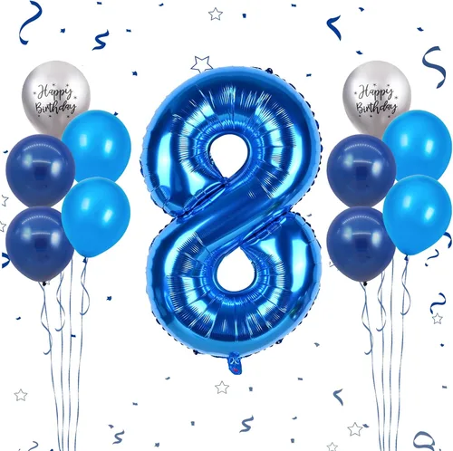 Vista 15 de Globos azules del número 18 de 40 pulgadas, globos de cumpleaños de 18 años, globos de látex azul claro y azul oscuro con impresión plateada