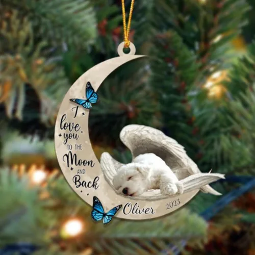Vista 105 de Adorno colgante personalizado de ángel durmiendo en la luna, perro sabueso afgano, nombre personalizado, acrílico impreso en 2D plano – cumpleaños