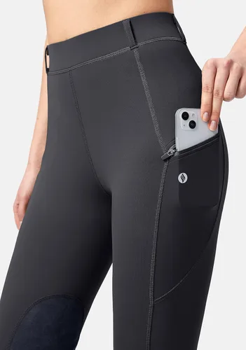 Vista 4 de SANTINY Pantalones de equitación para mujer con bolsillos con cremallera, mallas de escuela con parche en la rodilla, pantalones ecuestres para mujer