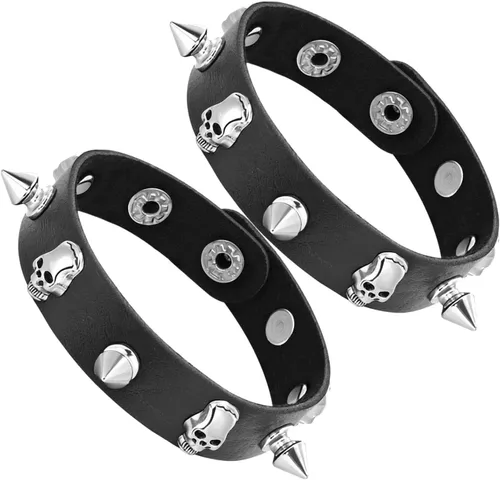 Vista 2 de MILAKOO Pulsera de cuero punk para hombre, pulsera de cuero con espiga para mujer