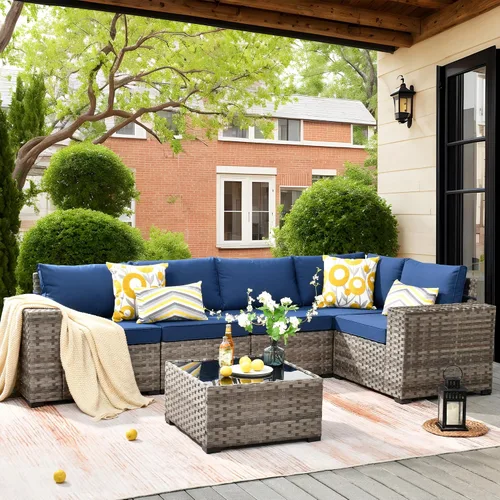 Vista 28 de ovios Juego de muebles de patio de 6 piezas, sofá seccional de mimbre para exteriores con mesa auxiliar, cómodos cojines, moderno sofá modular Beige