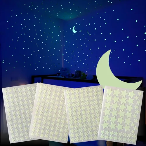 Vista 3 de Juego de estrellas y luna que brillan en la oscuridad, realista sin puntos ni cuadrados. Calcomanías en forma de estrella y luna, adhesivos