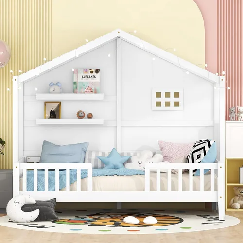 Vista 17 de RUNNA Marco de cama de madera de tamaño matrimonial con valla, para niños, adolescentes, niñas, niños, (Natural-Thinck 4col)