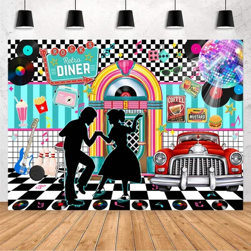 Vista 7 de Avezano Fondo retro de 7 x 5 pies de regreso a los años 50 Rock and Roll Retro Diner Disco Danza Fotografía Fondo de los años 50 Fiesta Tema Banner