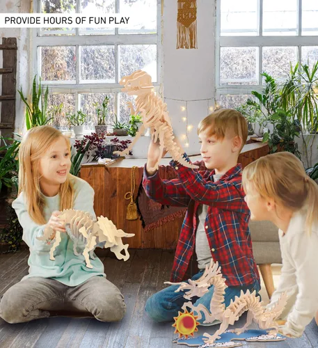 Vista 4 de Puzzled Rompecabezas 3D Triceratops de madera de dinosaurio, kit de modelo de construcción divertido y educativo, juguete de madera para armar
