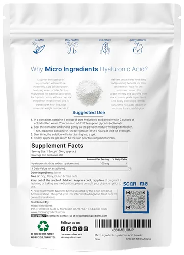 Vista 2 de Micro Ingredients Polvo de suero de ácido hialurónico, 50 gramos Bajo peso molecular, grado cosmético Suplementos de hidratación y humedad