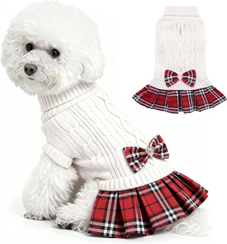 Vista 7 de WOYYHO Vestido de suéter para perro pequeño con corbatín, ropa de perro de Rosa polvoriento