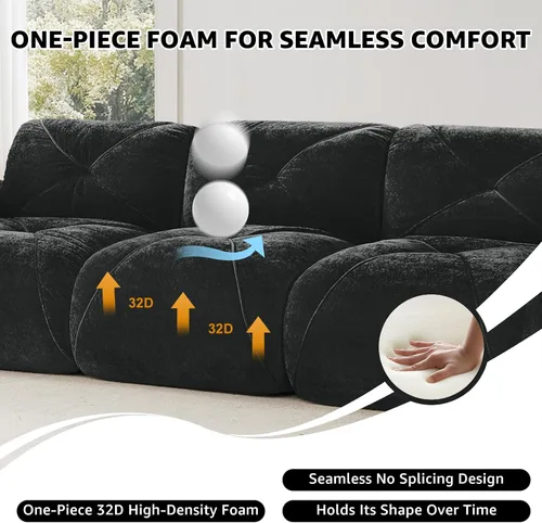 Vista 6 de Sillón de Dos Plazas Seccional Negro para Sala de Estar, Sofá Sin Estructura de Tela de Terciopelo en una Caja, Sin Ensamblaje Requerido Sofá